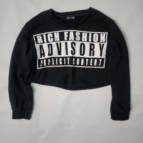 CHOIES Black Cropped Graphic Sweatshirt “Rich Fashion Advisory” Size Small - Picture 2 of 5